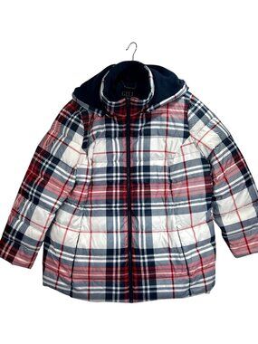 G.I.L.I Women's 2X Plaid Down Puffer Jacket Red Navy White Fleece Lined Hood